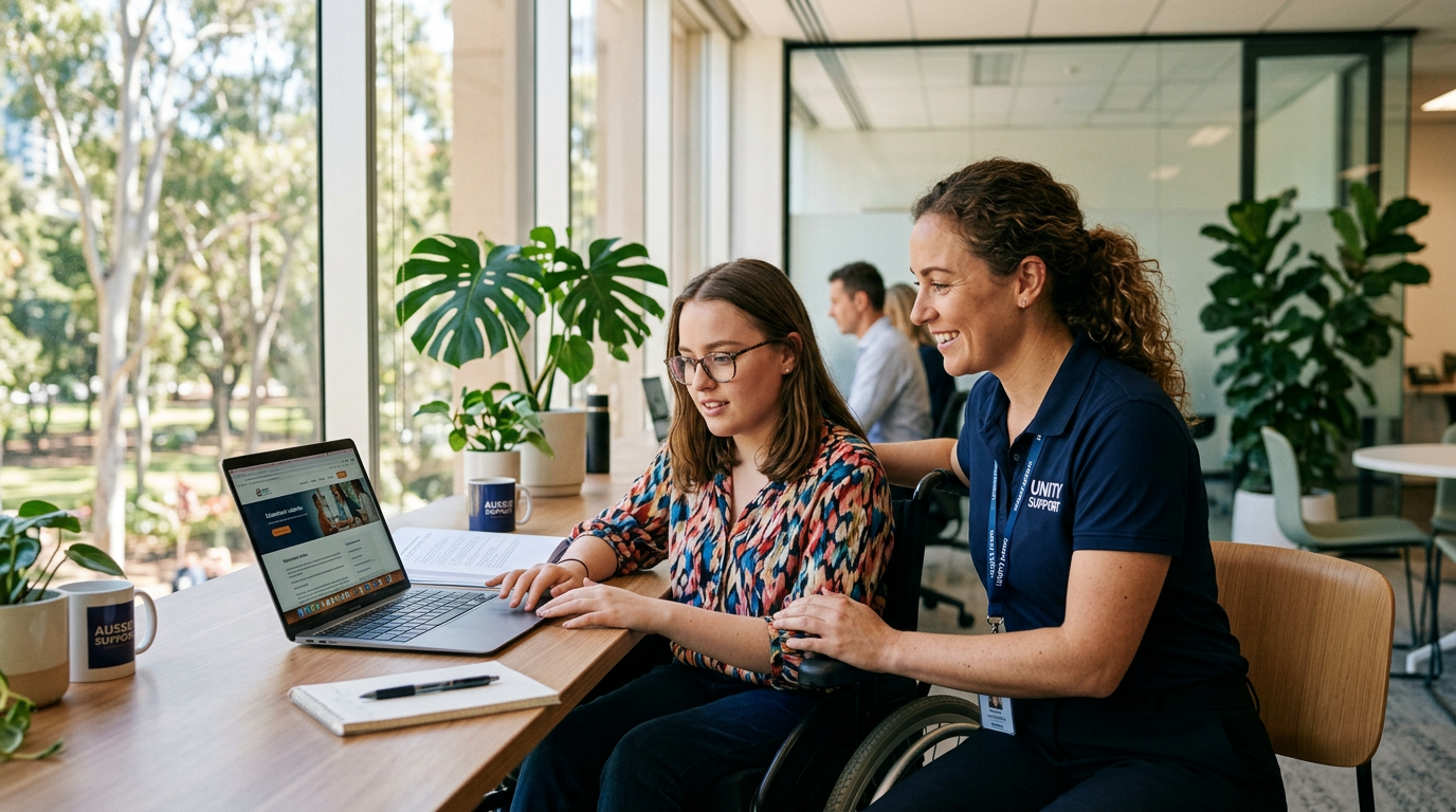 Support worker helping participant at computer