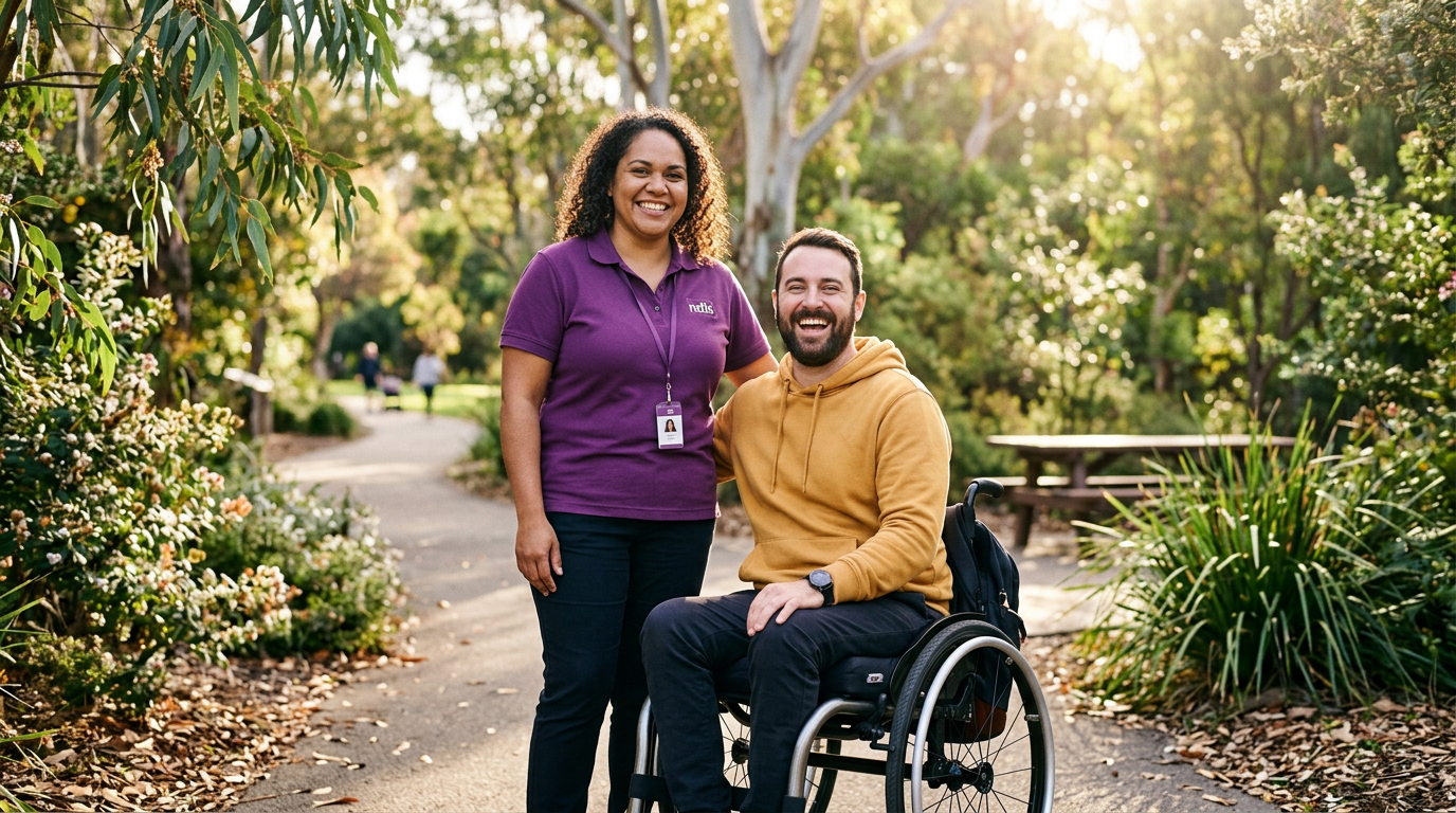 NDIS support worker with participant in park